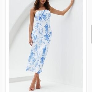 Hello Molly You Always Know Strapless Mesh Blue White Maxi Midi Dress